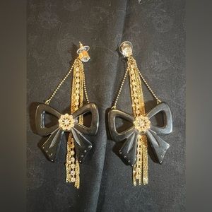 Authentic BETSEY JOHNSON Black Bow Earrings with Rhinestones